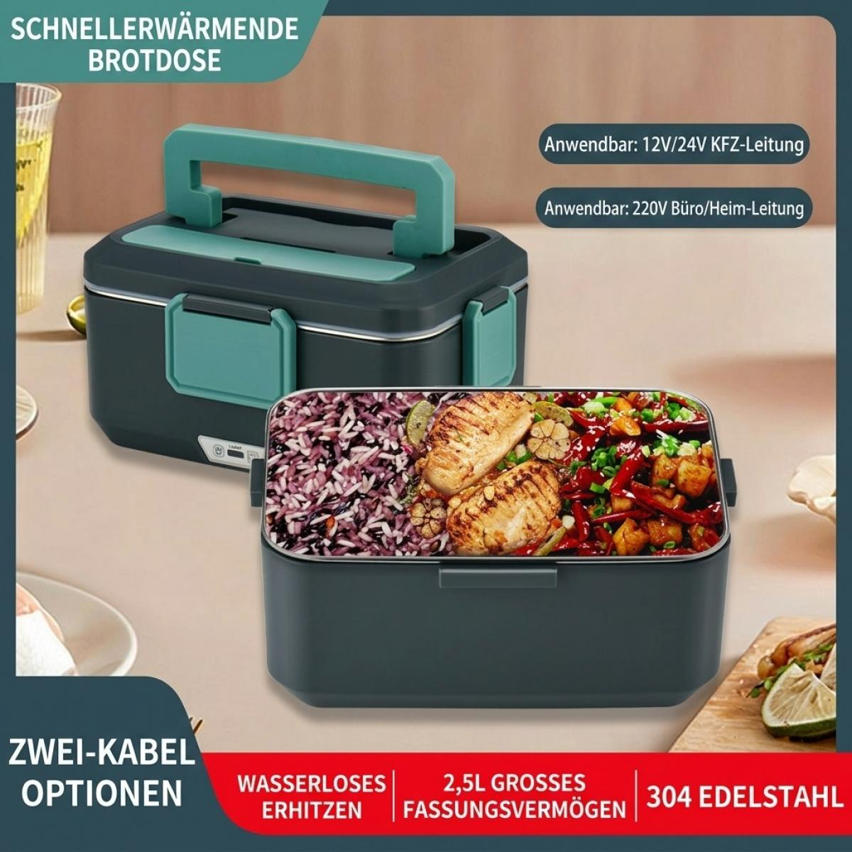 Eine grüne elektrische Brotdose mit Deckel und gefülltem Innenfach mit Reis, Fleisch und Gemüse.