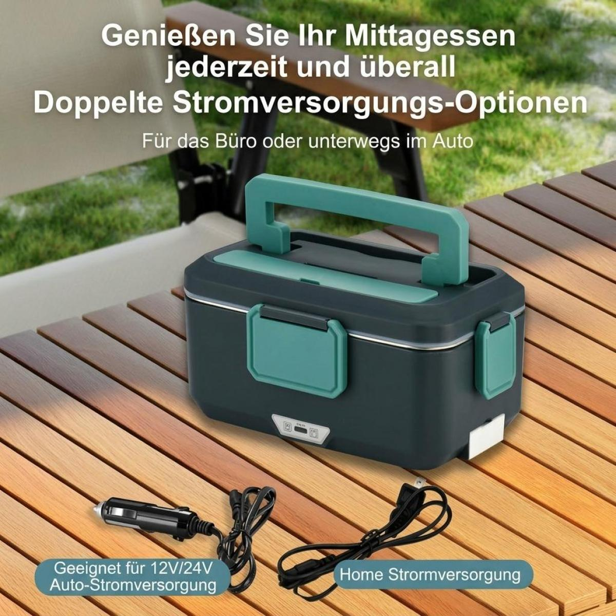 Grüne elektrische Lunchbox auf Holztisch mit Auto- und Haushaltskabeln.