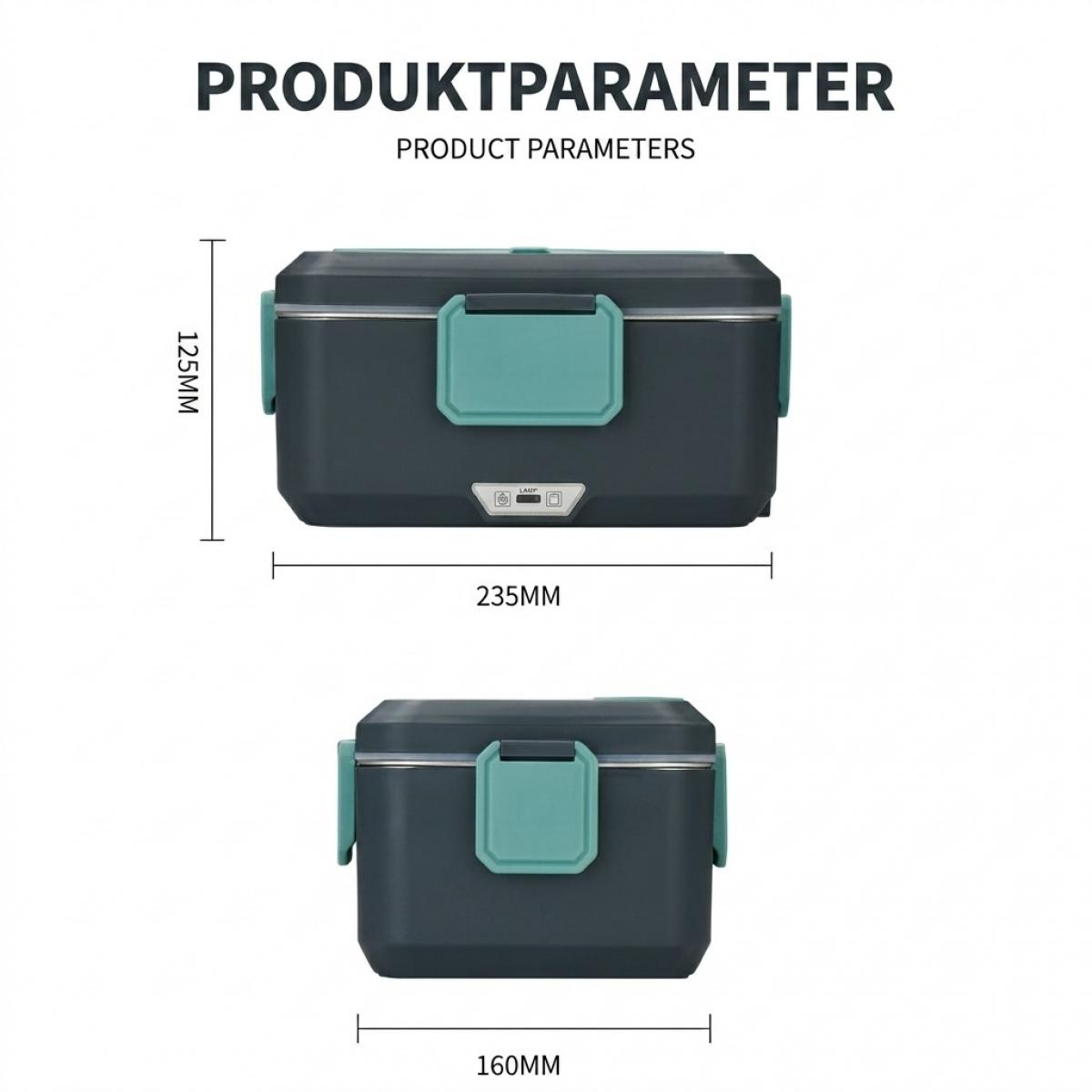 Produktparameter einer dunkelgrauen und mintgrünen Lunchbox mit Maßangaben von 235mm und 125mm.