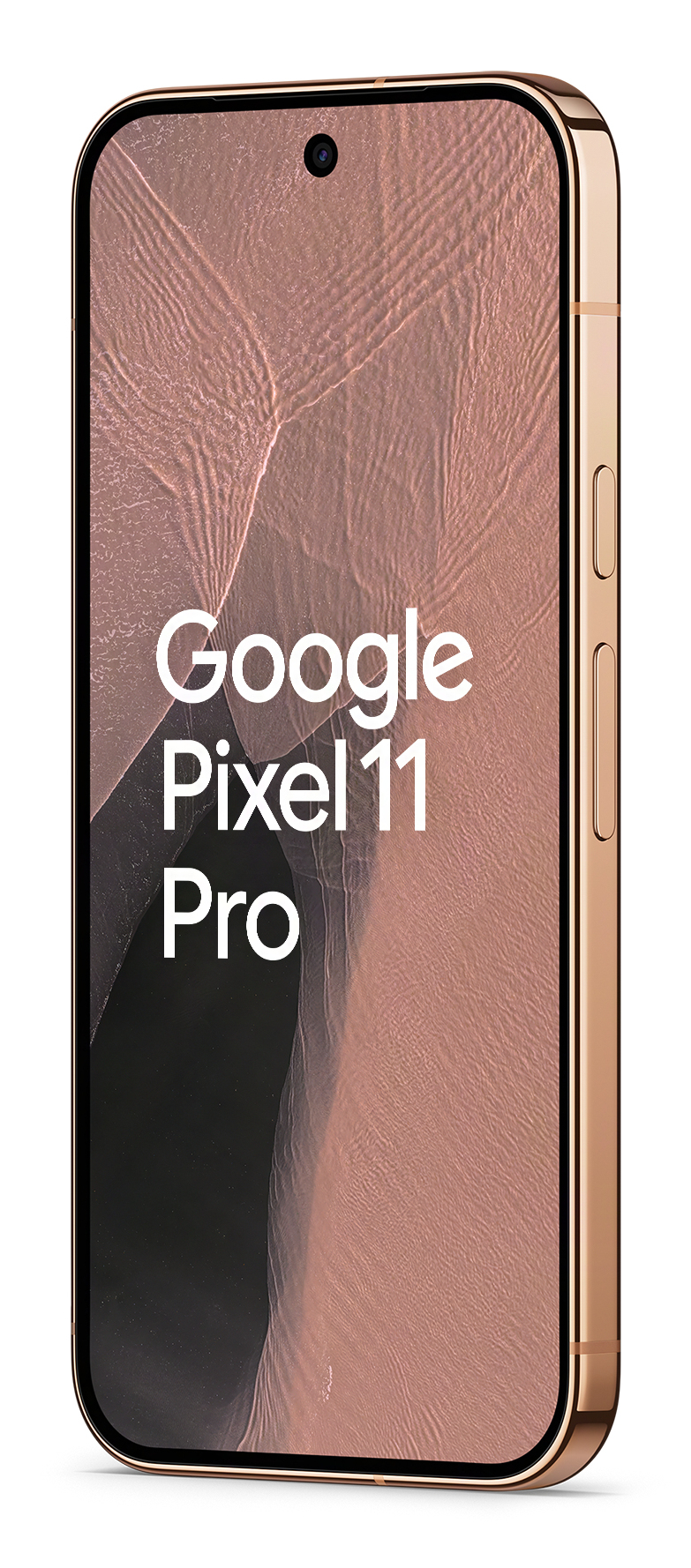 Ein goldenes Google Pixel 11 Pro Smartphone zeigt ein abstraktes rosa Hintergrundbild.
