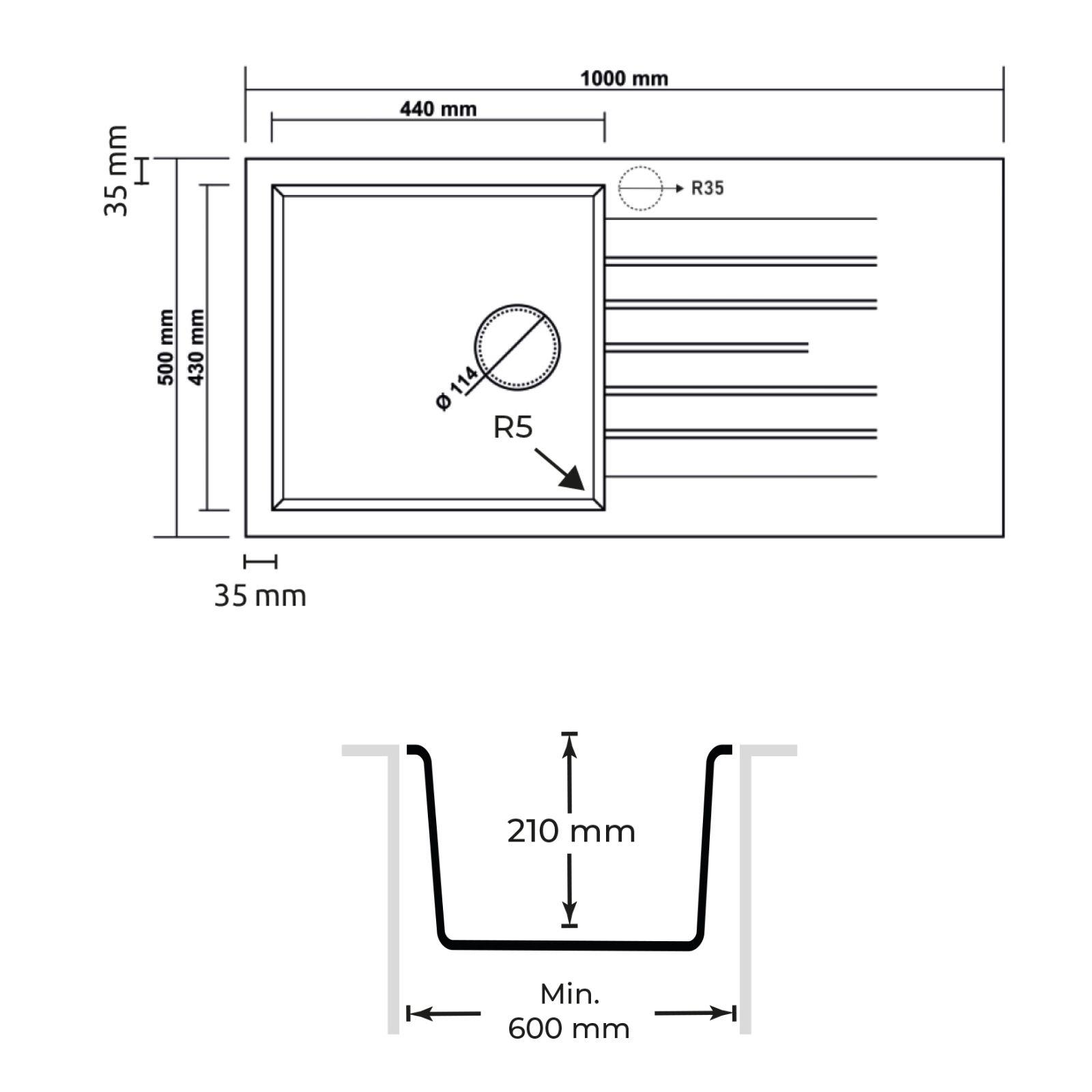 1000 mm uzunluk ve 500 mm genişlik ölçülerine sahip evyenin teknik resmi.