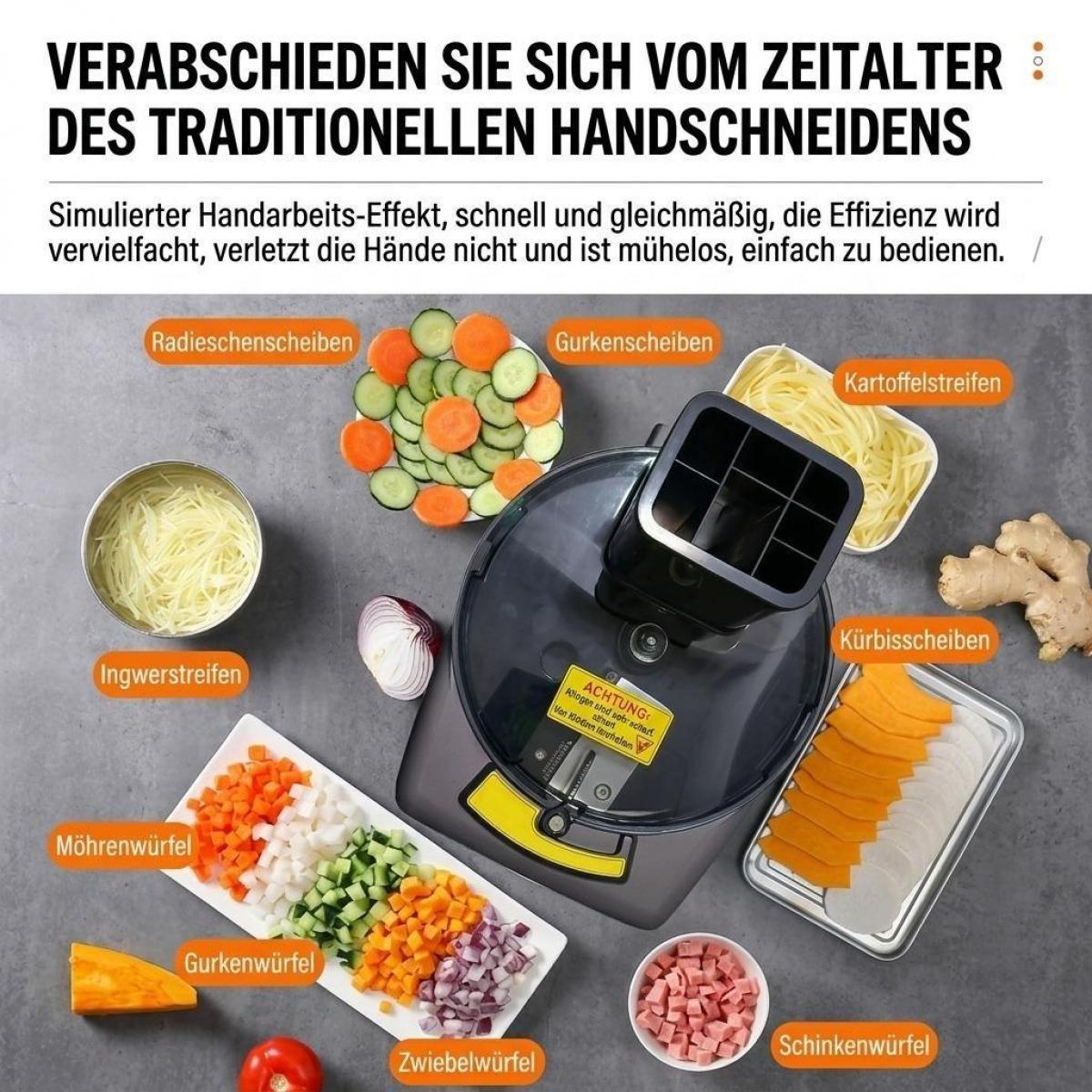 Ein Küchengerät schneidet verschiedenes Gemüse in Scheiben, Streifen und Würfel, umgeben von Lebensmitteln.