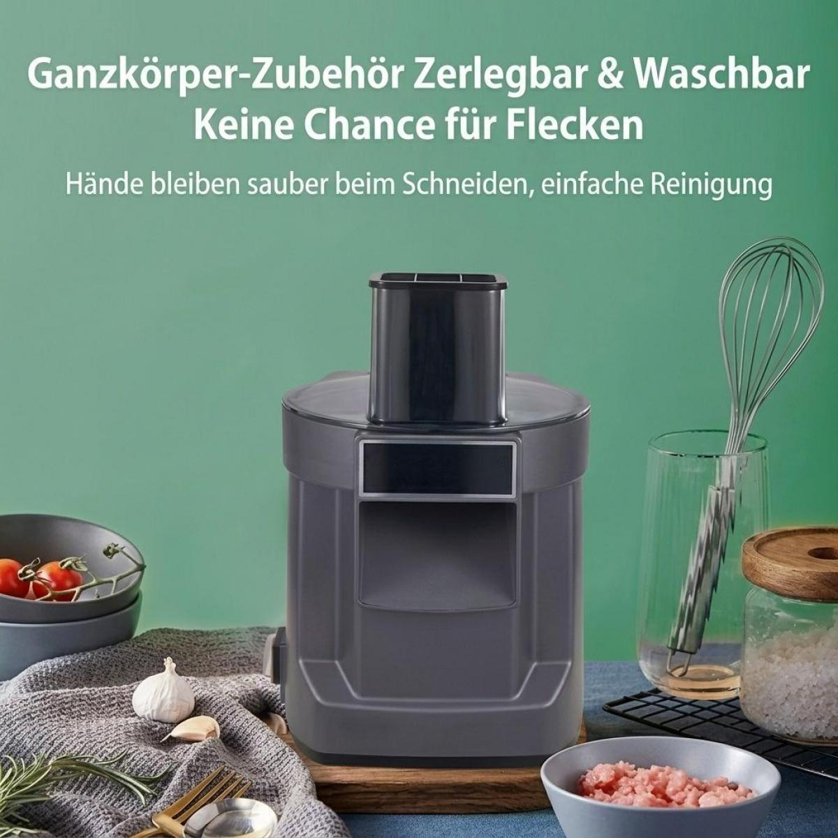 Ein grauer Gemüseschneider auf einem Tisch mit Schalen, Utensilien und Werbetext.