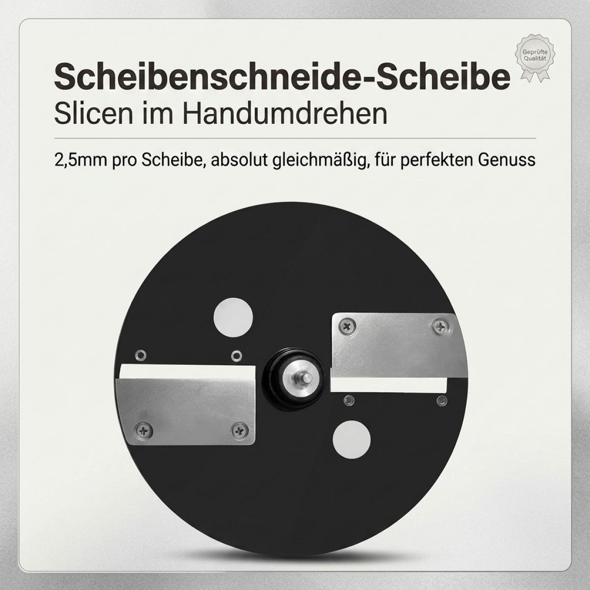 Schwarze Scheibenschneide-Scheibe mit zwei silbernen Klingen und Text oben.