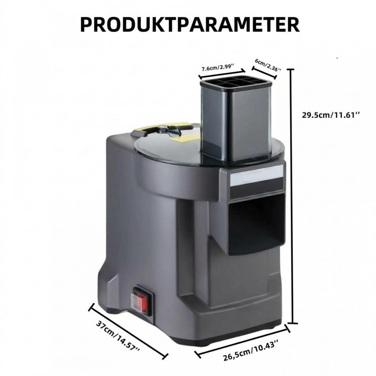 Grauer elektrischer Gemüseschneider mit Maßen: 29.5 cm Höhe, 37 cm Länge, 26.5 cm Breite.