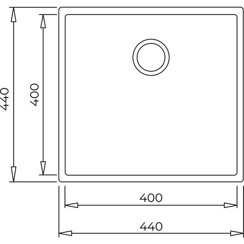 Üst tahliyeli, 440x440 mm ölçülerinde kare evyenin teknik çizimi.