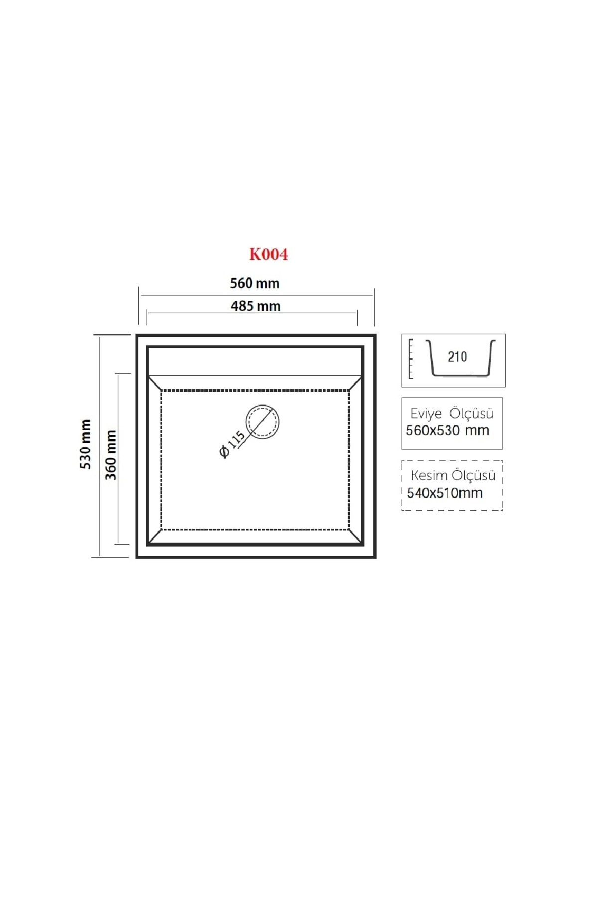 560x530 mm ölçülerinde ve kesim ölçülü eviyenin teknik çizimi.