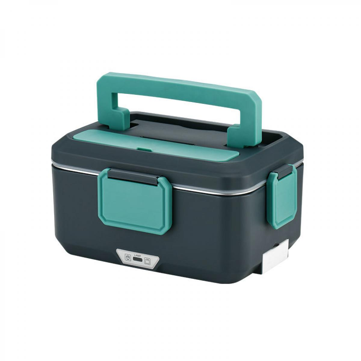 Dunkelgraue elektrische Lunchbox mit türkisblauen Griffen, Verriegelungen und Deckeldetails auf weißem Hintergrund.