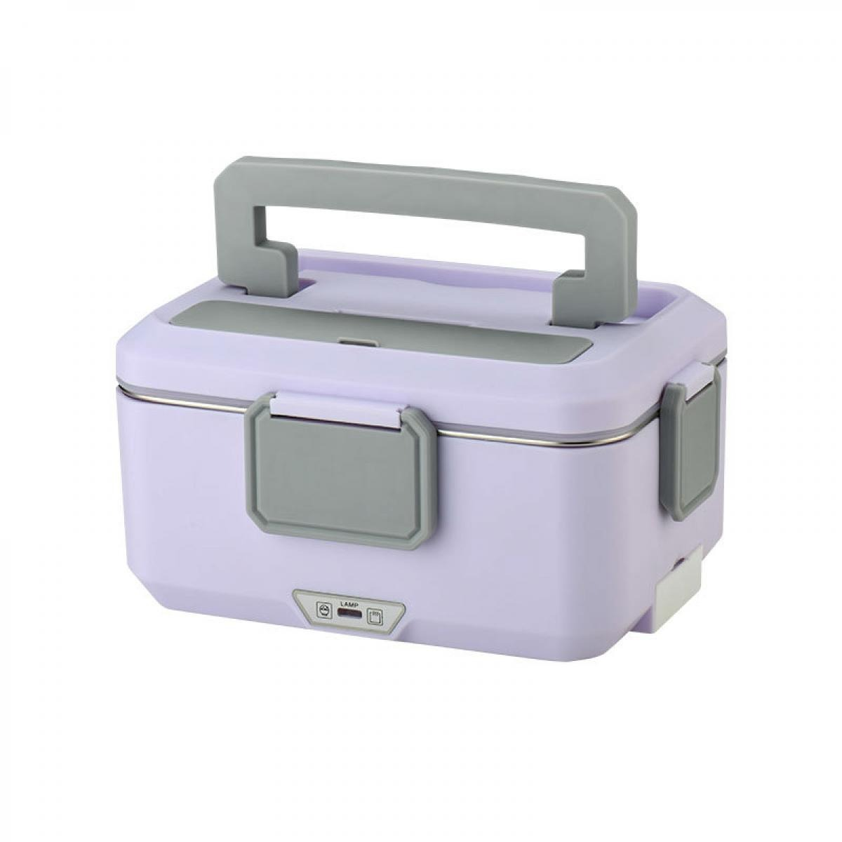 Ein hellvioletter elektrischer Lunchbox-Behälter mit grauem Griff und Verriegelungsclips auf weißem Hintergrund.