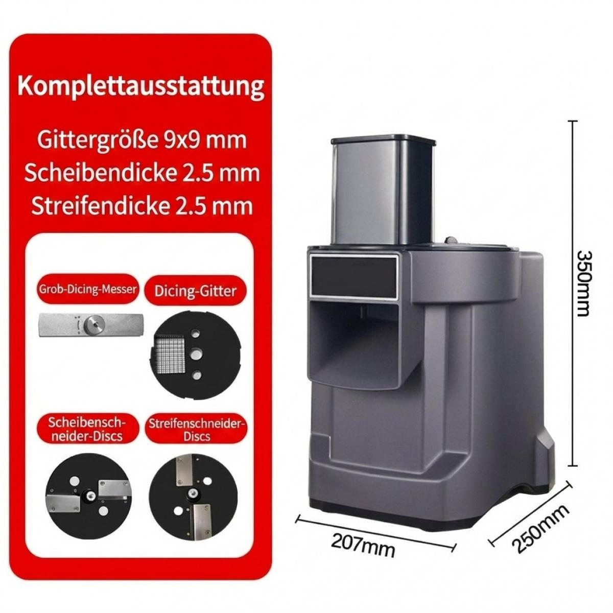 Graue elektrische Gemüseschneidemaschine mit Maßen und Zubehörteilen auf rotem Hintergrund.