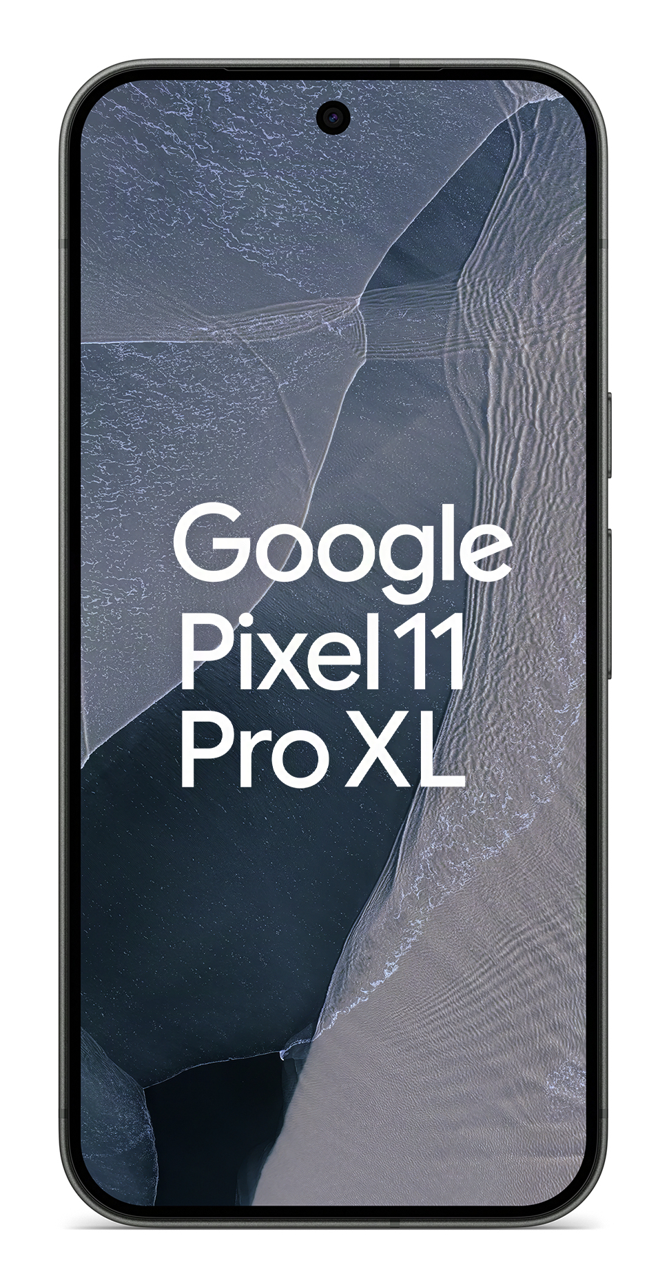 Google Pixel 11 Pro XL-Smartphone mit Sand- und Wasserhintergrund auf dem Bildschirm.