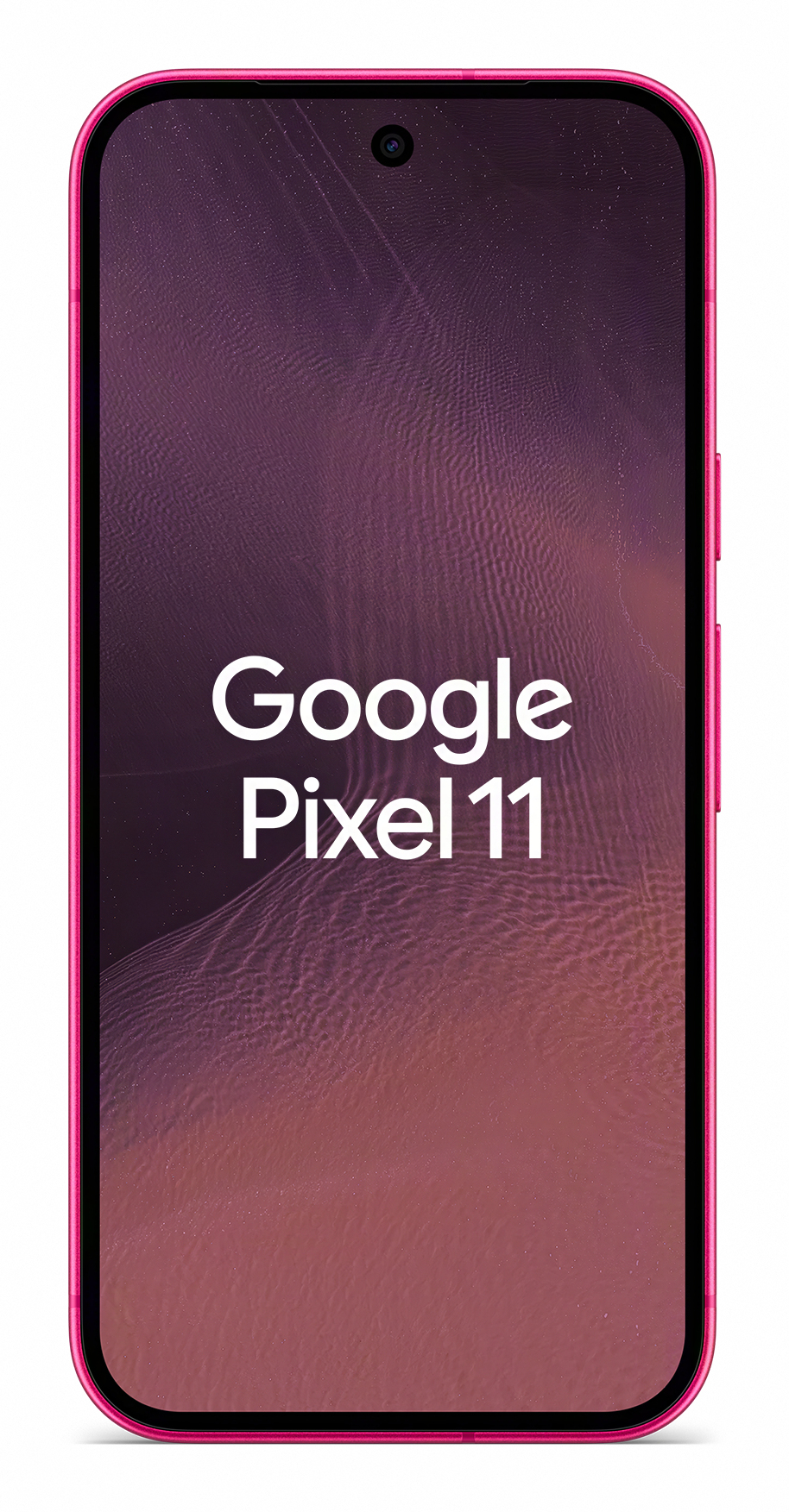 Różowy smartfon Google Pixel 11 z teksturowanym brązowym tłem i napisem Google Pixel 11 na wyświetlaczu.