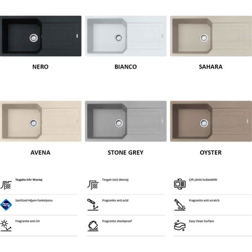 Nero, Bianco, Sahara, Avena, Stone Grey ve Oyster renklerinde altı eviye ve altında özellik simgeleri.