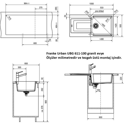 Franke Urban UBG 611-100 granit evye için ölçülü teknik çizim.