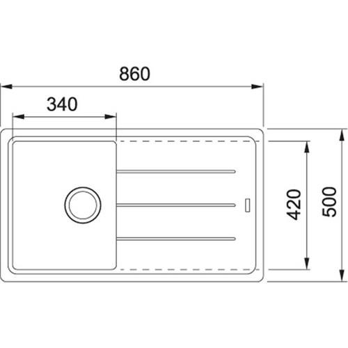 860x500 mm ölçülerinde ve tek gözlü bir evyenin teknik çizimi.