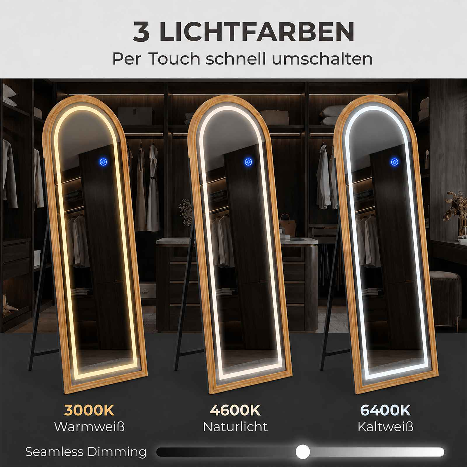 Drei hölzerne Standspiegel mit LED-Beleuchtung in warmweiß, naturlicht und kaltweiß.