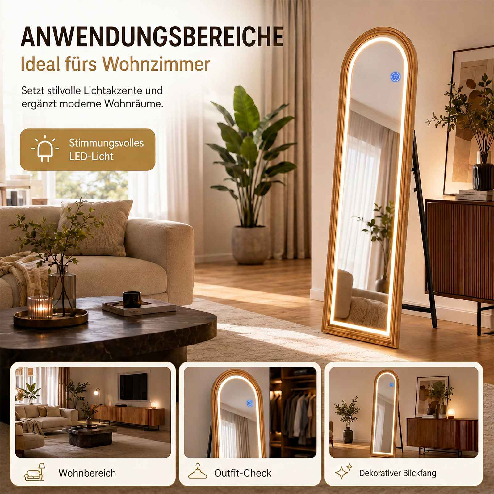 Ein beleuchteter Ganzkörper Spiegel in einem modernen Wohnzimmer mit Sofa und Pflanzen.
