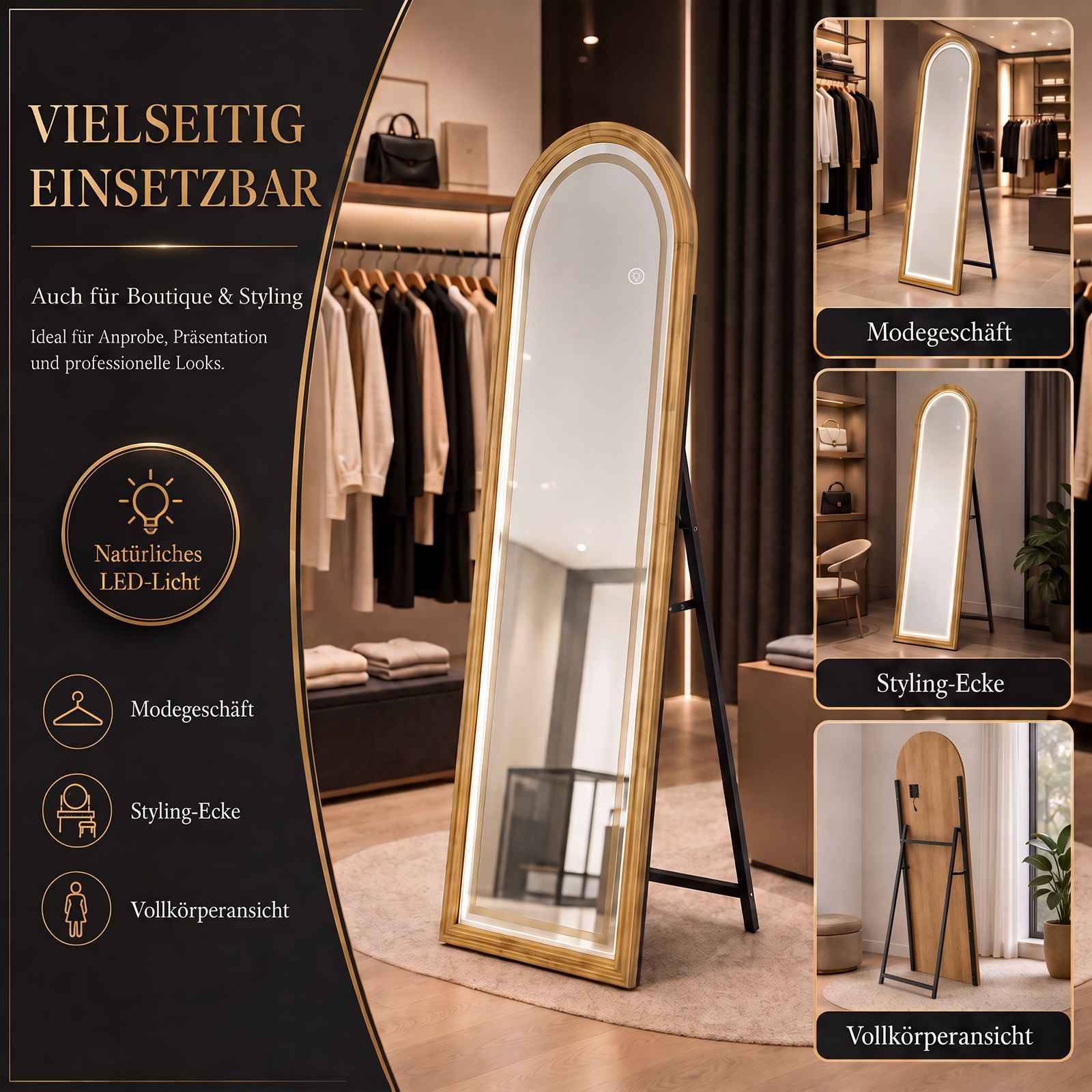 Ein beleuchteter, gewölbter Ganzkörperspiegel mit Holzrahmen in verschiedenen Räumen wie Boutiquen und Anproben.
