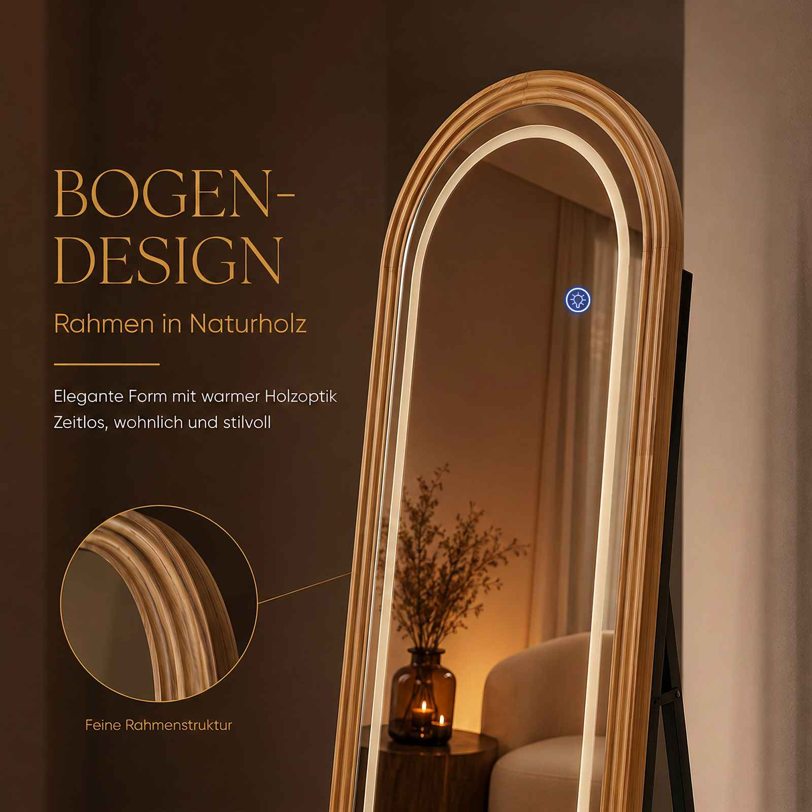 Ein gebogener LED-Ganzkörperspiegel mit Naturholzrahmen steht in einem warm beleuchteten Raum mit deutschem Text.