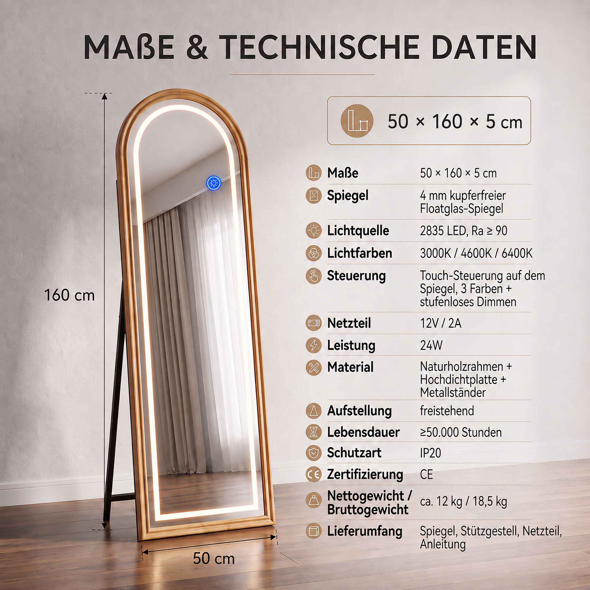 Bogenförmiger Standspiegel mit Holzrahmen und integrierter LED-Beleuchtung sowie technischen Maßen.