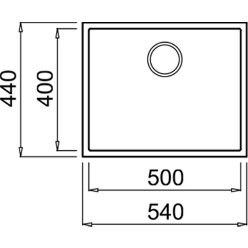 540x440 mm ölçülerinde ve bir gider deliğine sahip evyenin teknik resmi.