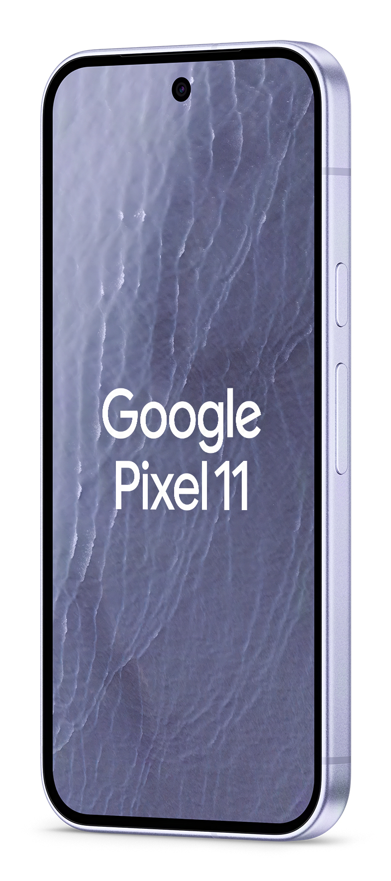 Fioletowy smartfon Google Pixel 11 wyświetla nazwę marki na ekranie z falistym tłem.