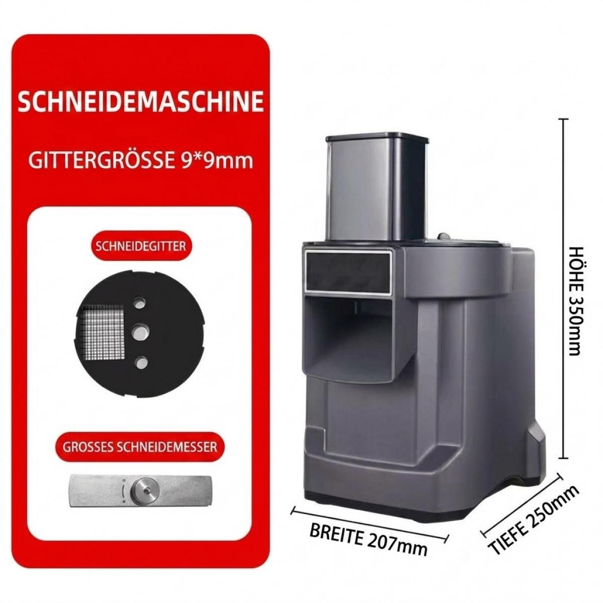 Graue elektrische Gemüseschneidemaschine mit deutscher Beschriftung, Abmessungen und Klingenbildern vor rotem Grund.