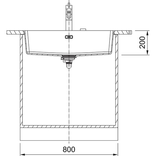 800 mm genişlik ve 200 mm derinlik ölçülerine sahip evye teknik çizimi.
