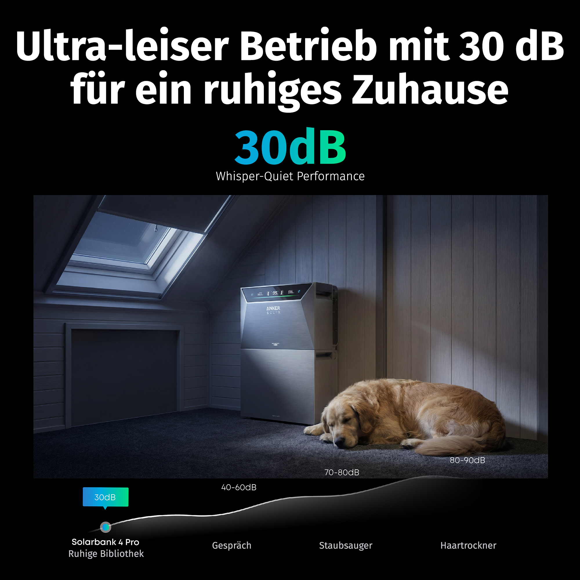 Ein Anker SOLIX-Gerät steht in einem ruhigen Raum neben einem schlafenden Hund auf dem Teppich.