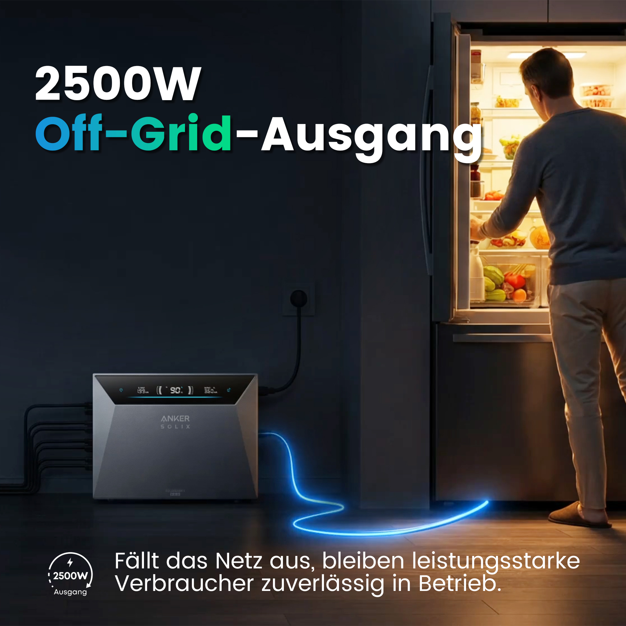 Eine Anker Solix Powerstation versorgt in einer dunklen Küche einen Kühlschrank mit Strom.