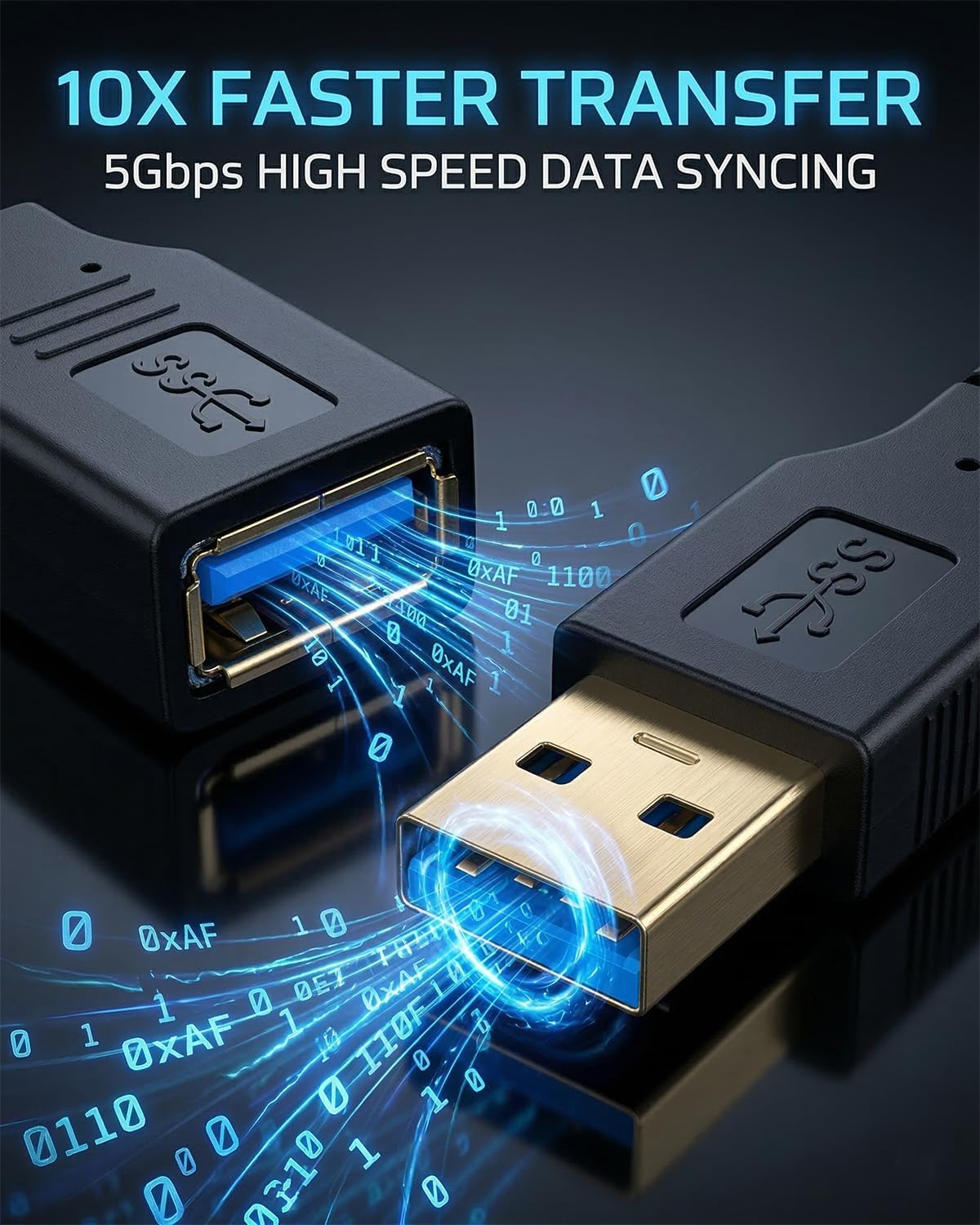 USB 3.0-Kabel mit blauen Datenströmen und Binärcode, beworben für 5Gbps High-Speed-Datensynchronisation.