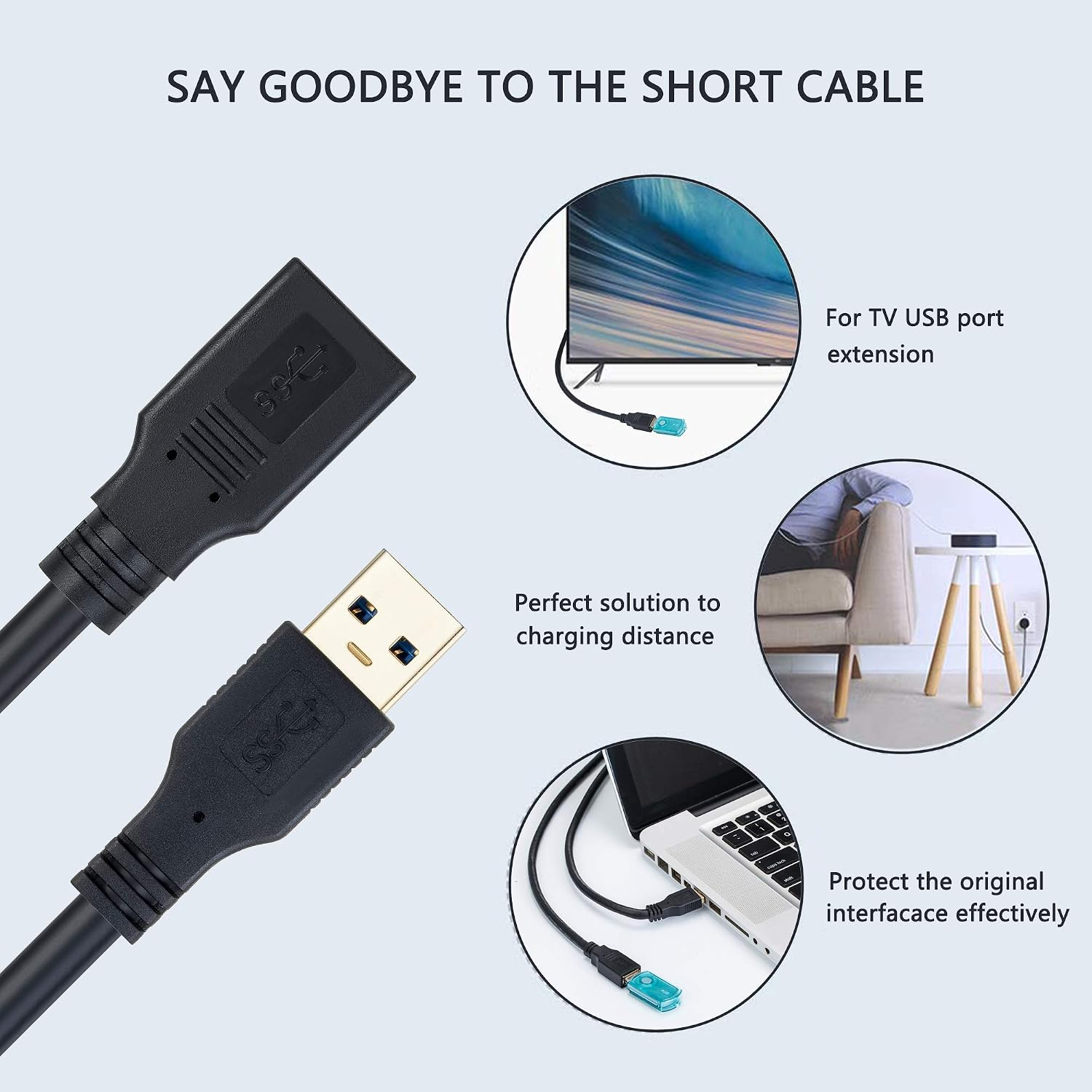 USB-Verlängerungskabel gezeigt im Einsatz mit Fernseher, Laptop und Sofa.
