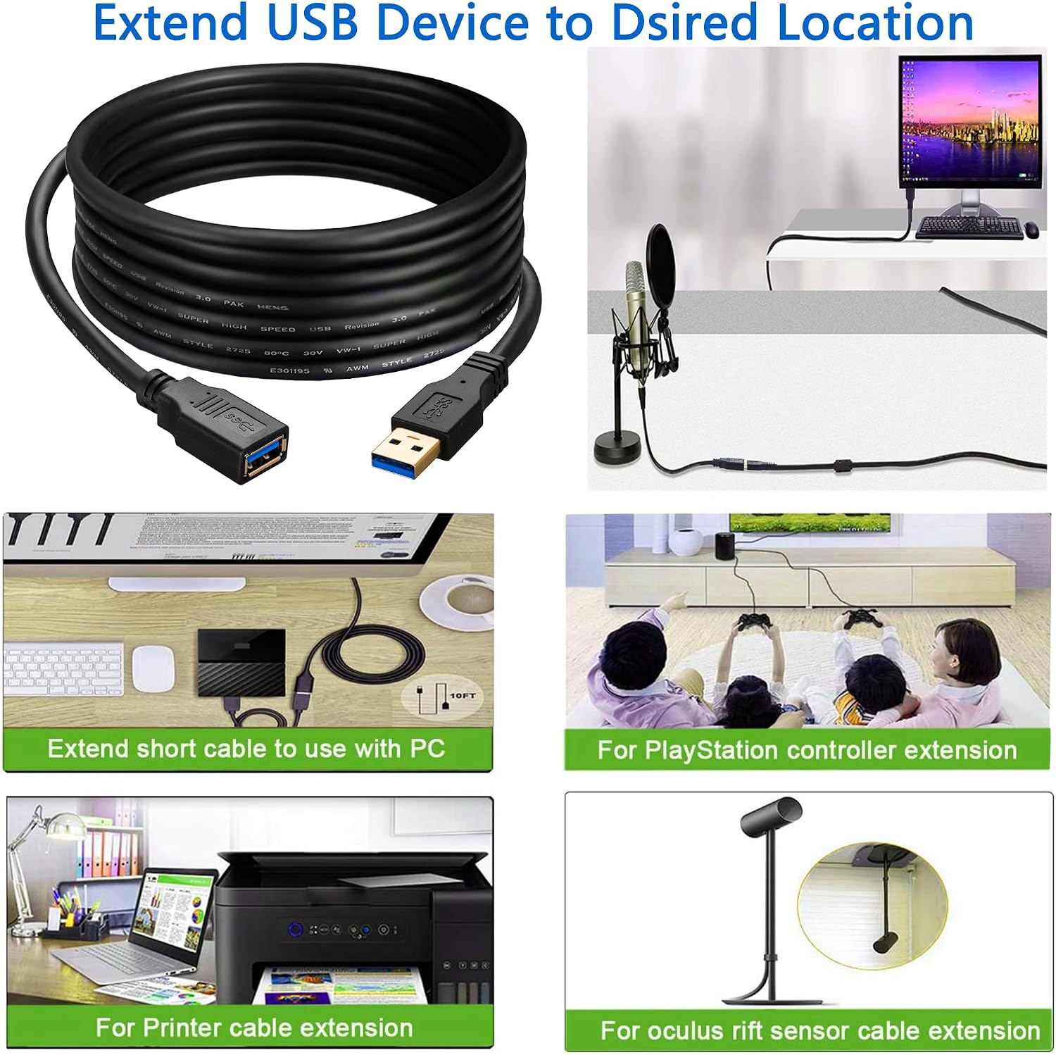Ein langes schwarzes USB 3.0 Verlängerungskabel mit Anwendungsbeispielen für PC, Controller, Drucker und Sensor.