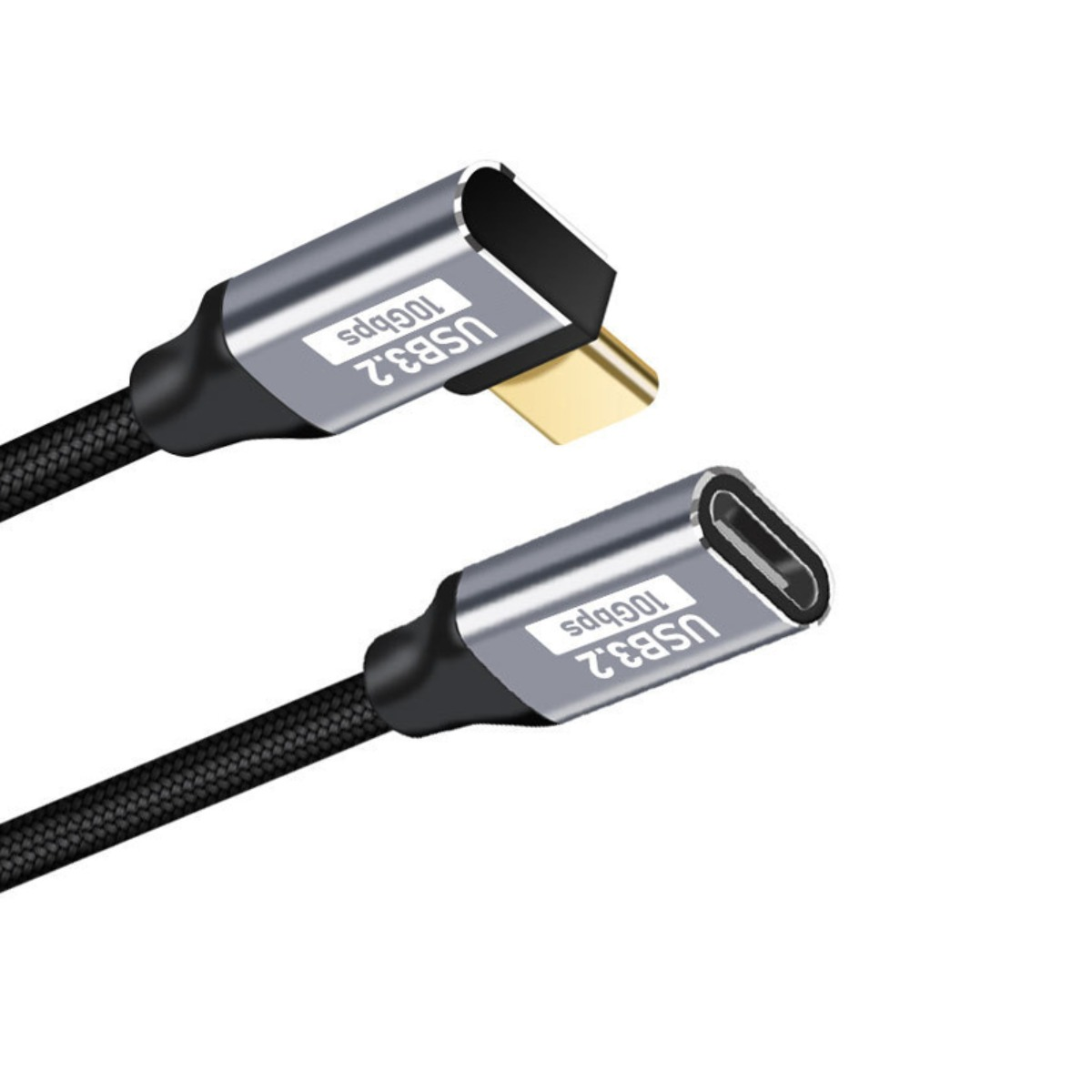 Ein schwarzes, geflochtenes USB-3.2-Kabel mit 10Gbps-Anschlüssen auf weißem Hintergrund.