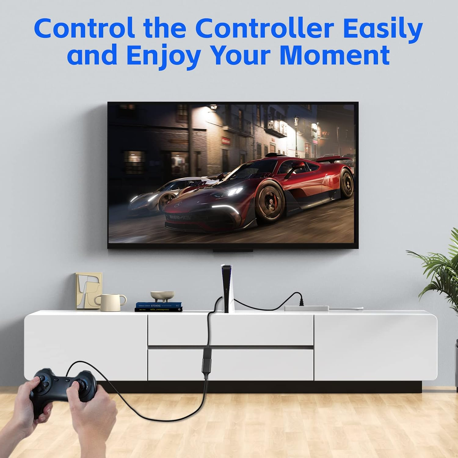 Ein Videospiel wird auf einem Fernseher gespielt, mit einem Controller im Vordergrund.