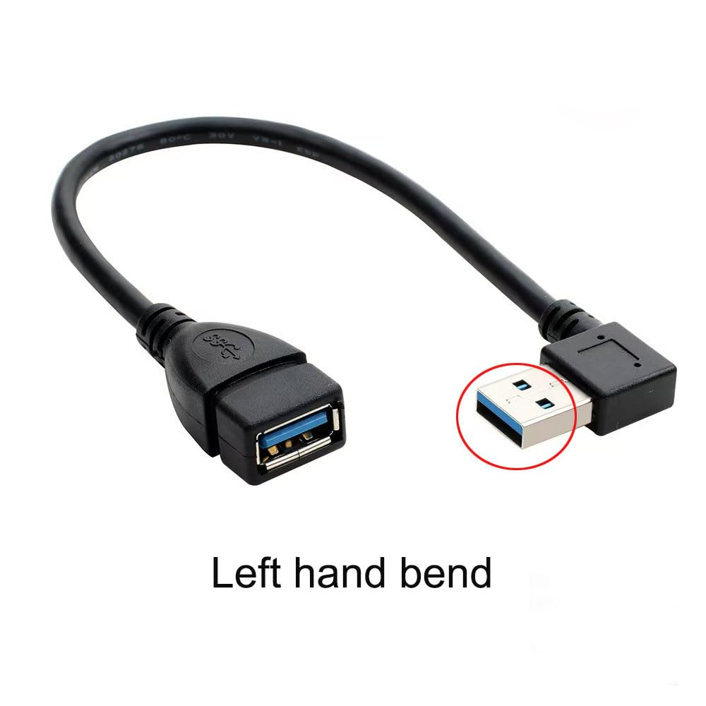 Ein schwarzes USB 3.0 Verlängerungskabel mit abgewinkeltem Stecker auf weißem Hintergrund und der Aufschrift Left hand bend.