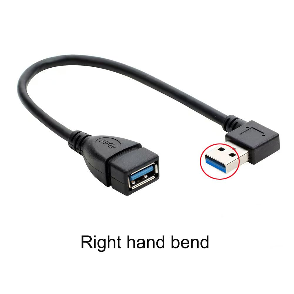 Ein schwarzes USB-3.0-Verlängerungskabel mit rechtwinkligem Stecker auf weißem Hintergrund und der Aufschrift Right hand bend.