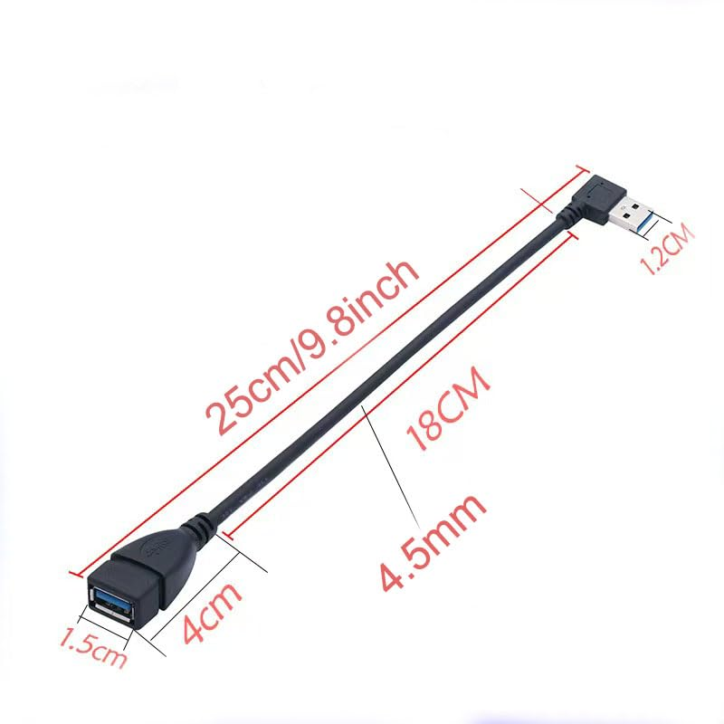 Ein schwarzes USB-Verlängerungskabel mit Maßangaben und Messpfeilen auf weißem Hintergrund.