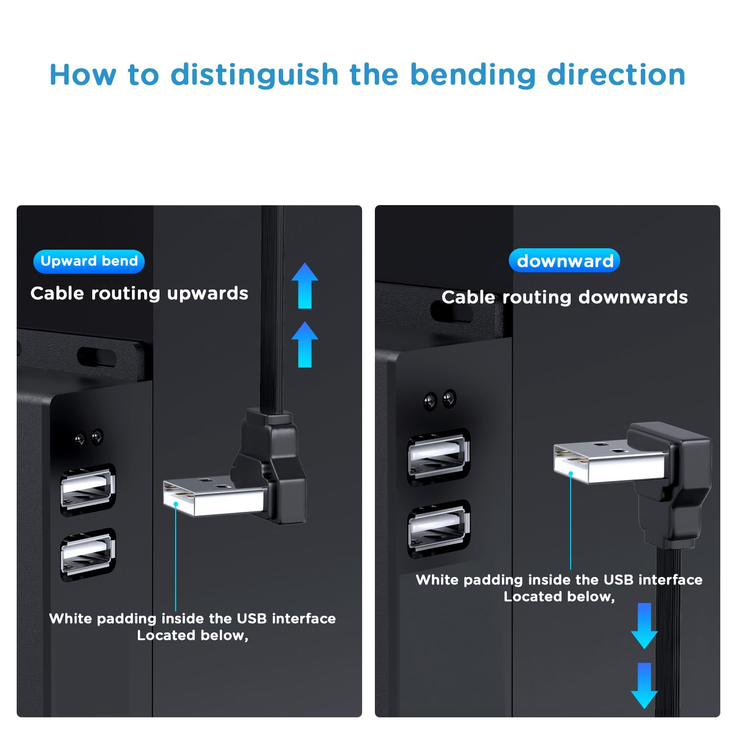 Diagramm zeigt USB-Kabel-Biegerichtungen nach oben und unten.