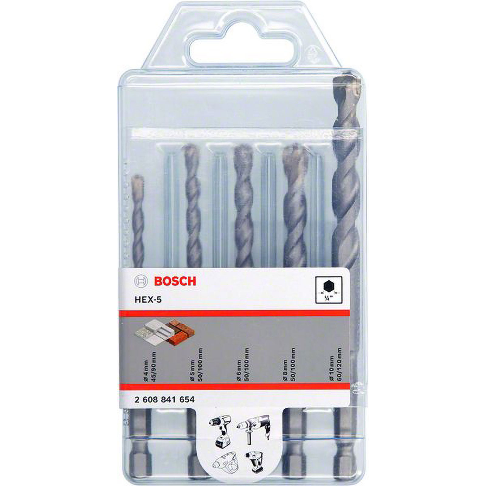 Ein Bosch Hex-5 Steinbohrer-Set in transparenter Plastikverpackung mit fünf verschiedenen Größen.
