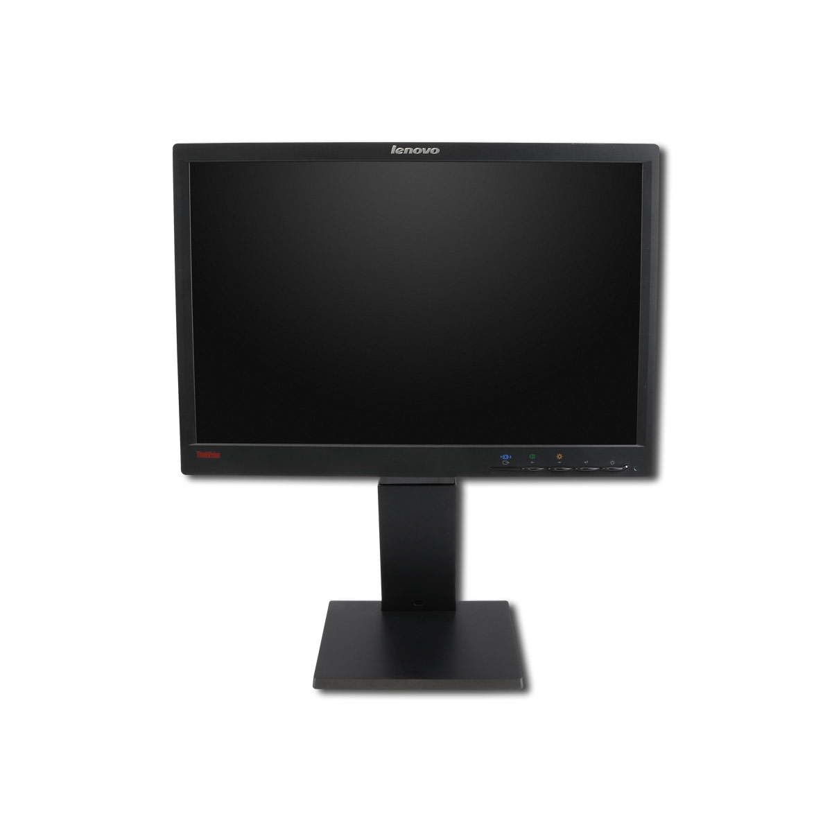 Ein schwarzer Lenovo-Monitor auf einem verstellbaren Standfuß vor weißem Hintergrund.
