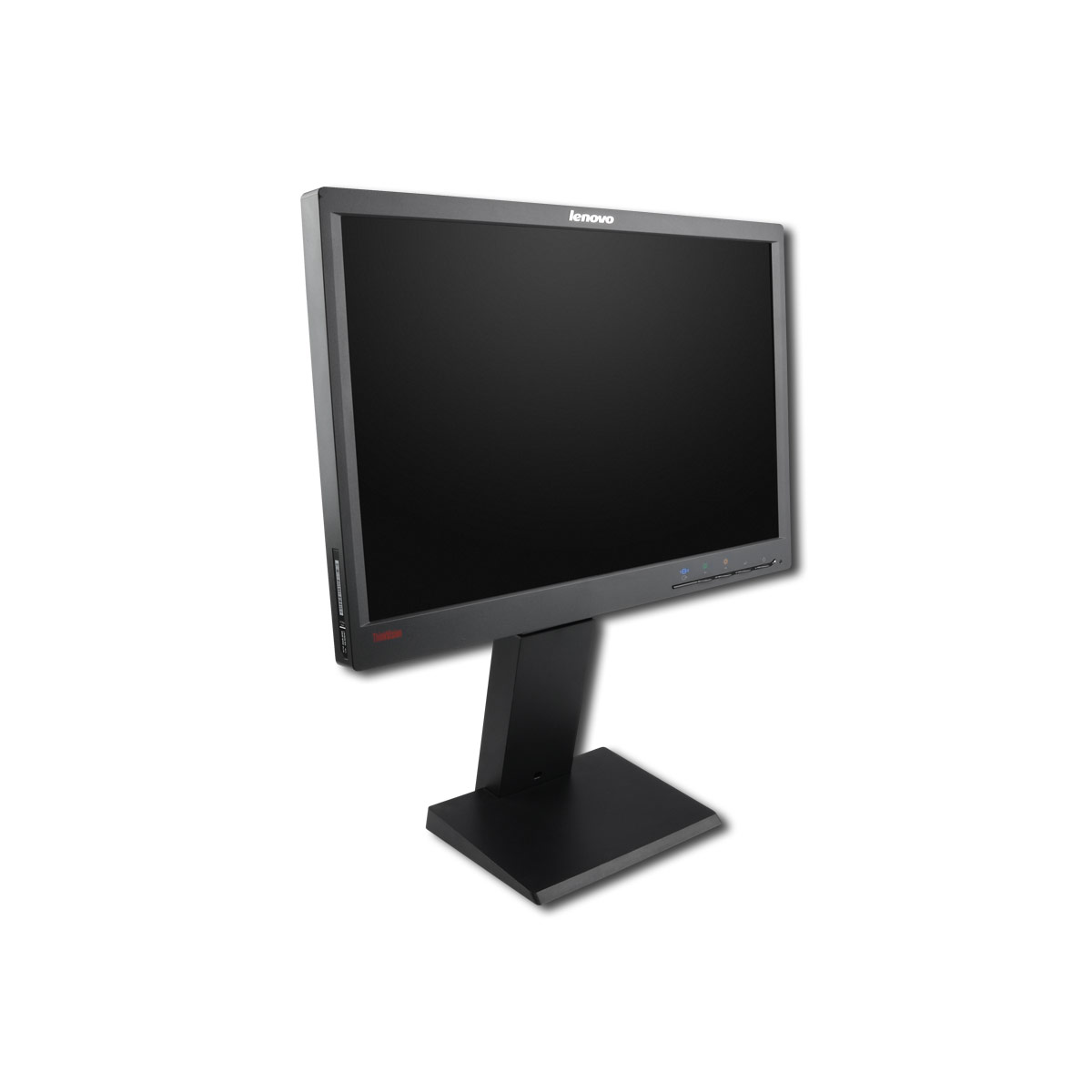 Ein schwarzer Lenovo-Computerbildschirm auf einem Ständer, leicht nach links gedreht vor weißem Hintergrund.