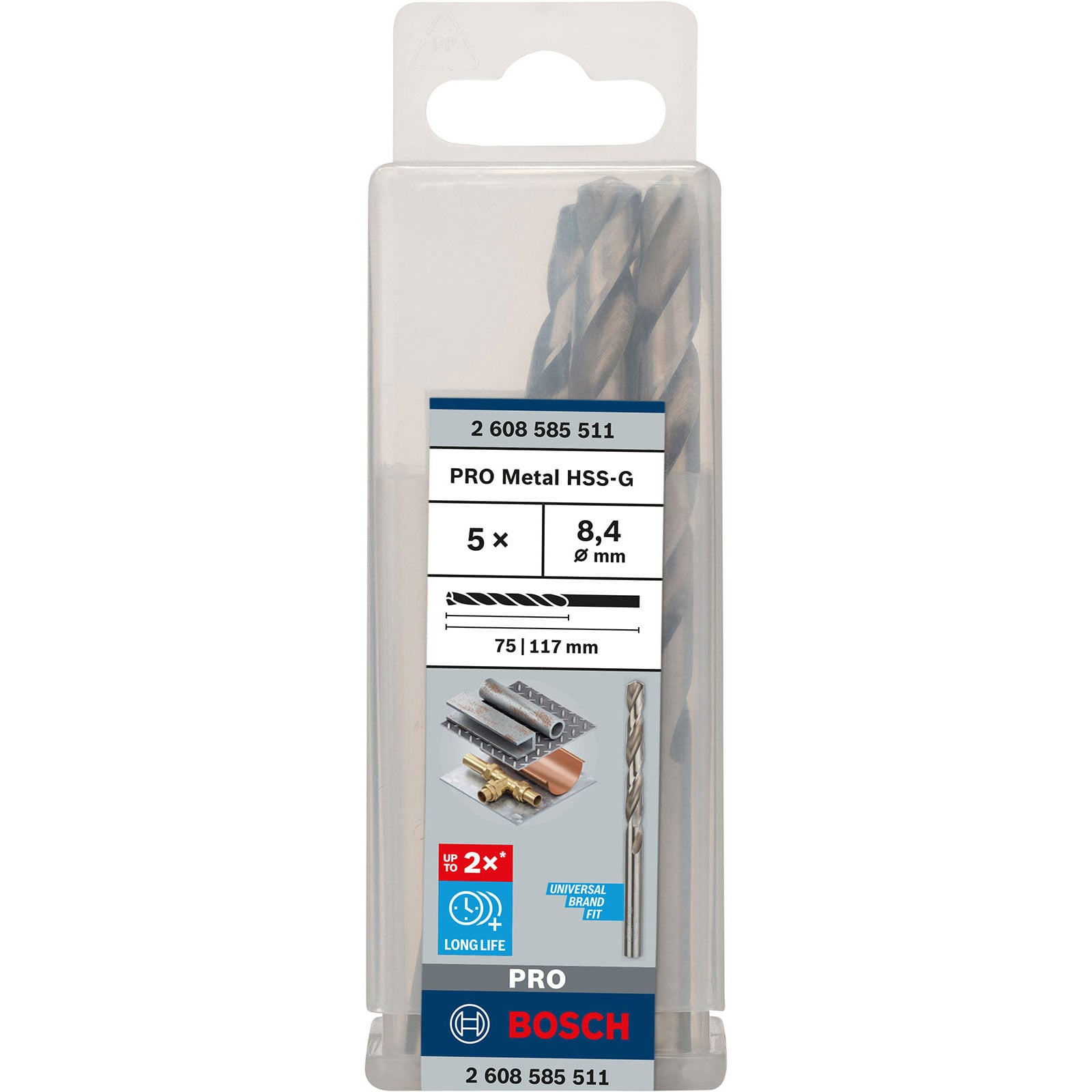 Packung mit fünf Bosch HSS-G Metalldrahtbohrern in einer Kunststoffbox.