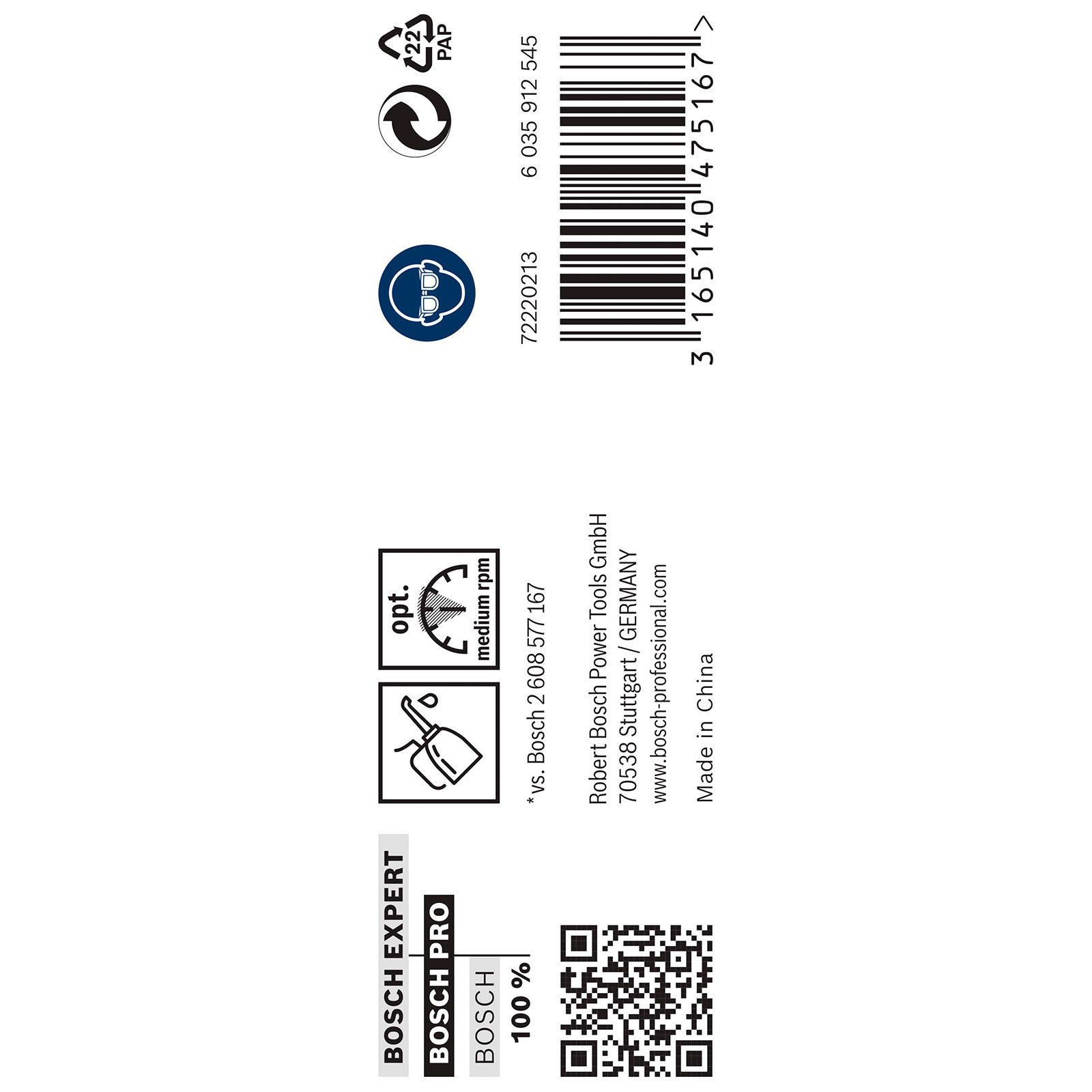 Bosch-Produktetikett mit Barcode, QR-Code, Herstellerinfo und Nutzungssymbolen auf weißem Hintergrund.