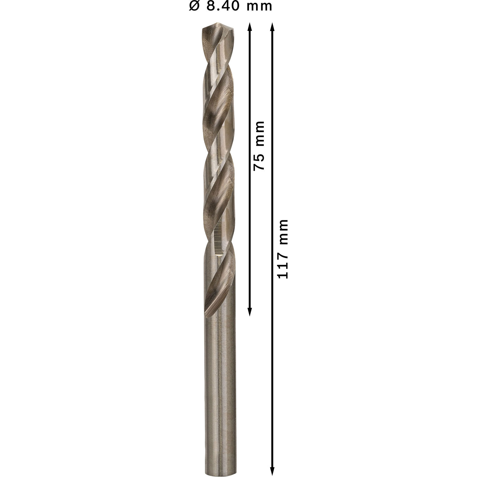 Ein 8,40 mm Bohrer mit 75 mm Arbeits- und 117 mm Gesamtlänge auf weißem Hintergrund.