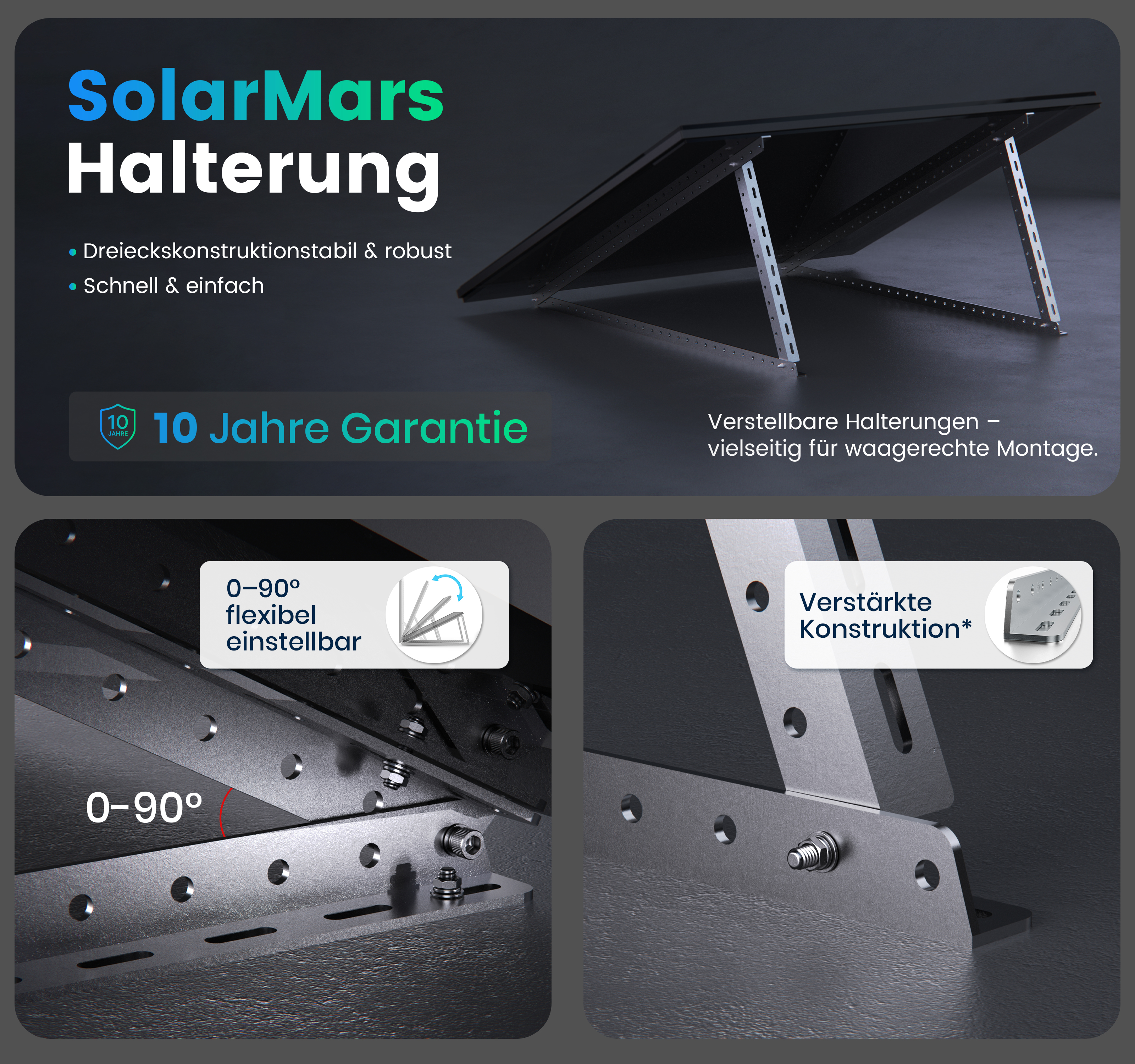 SolarMars Halterung mit 10 Jahren Garantie, 0-90 Grad verstellbar und stabiler Dreieckskonstruktion.