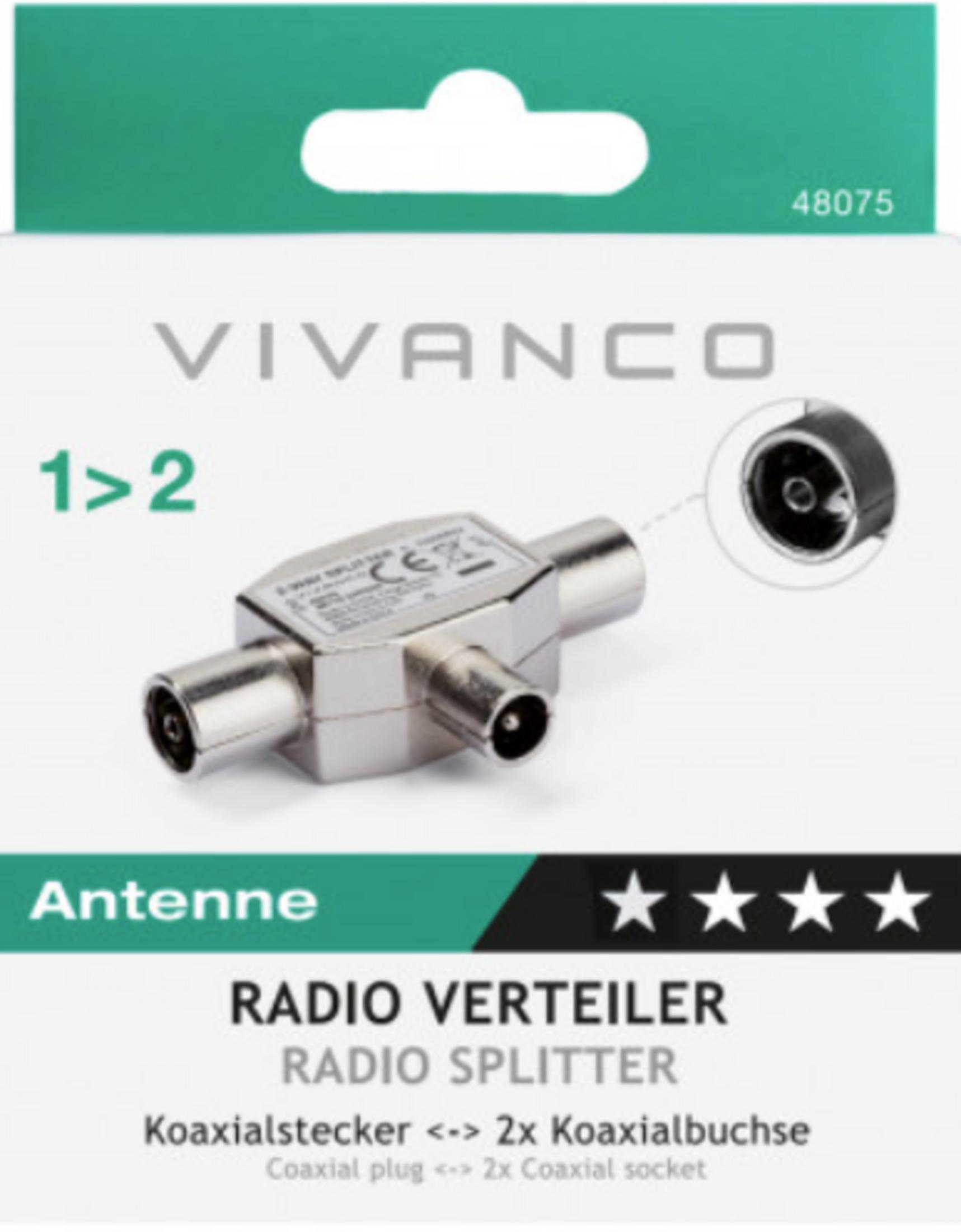 Confezione splitter radio Vivanco con connettore coassiale e due prese.