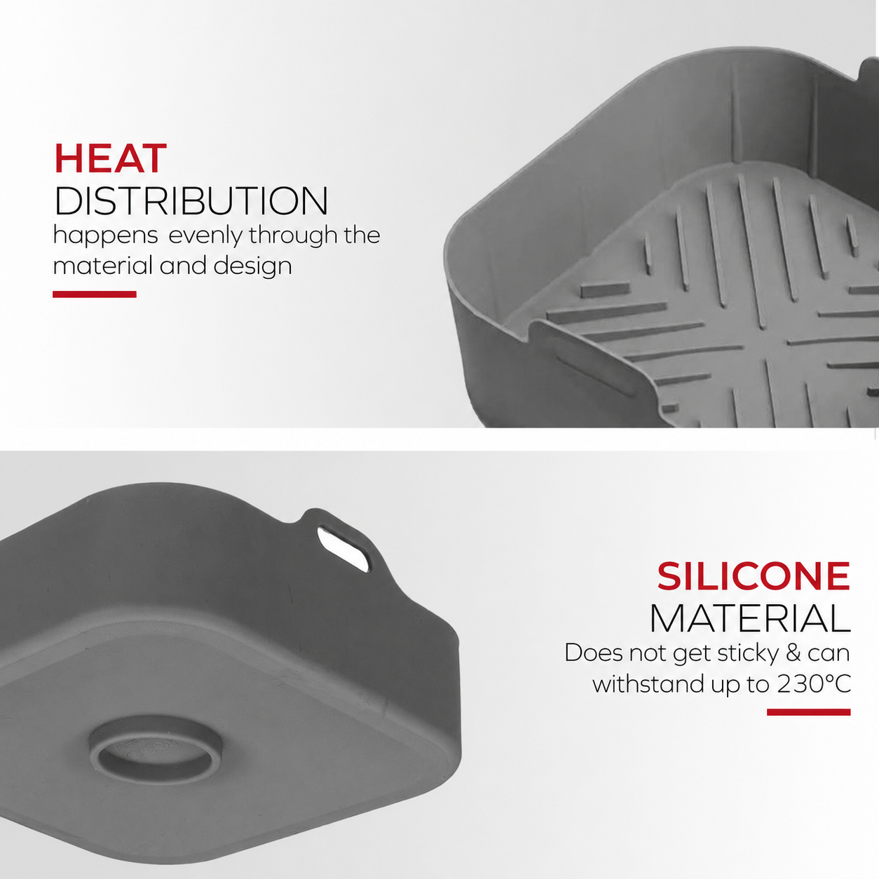 Graue quadratische Silikonform für gleichmäßige Hitzeverteilung bis 230 °C.