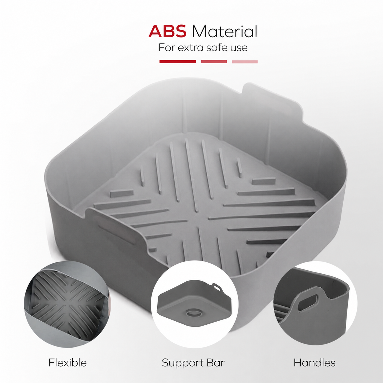Graue quadratische Silikonform mit Rillen, Support-Bar und Griffen.