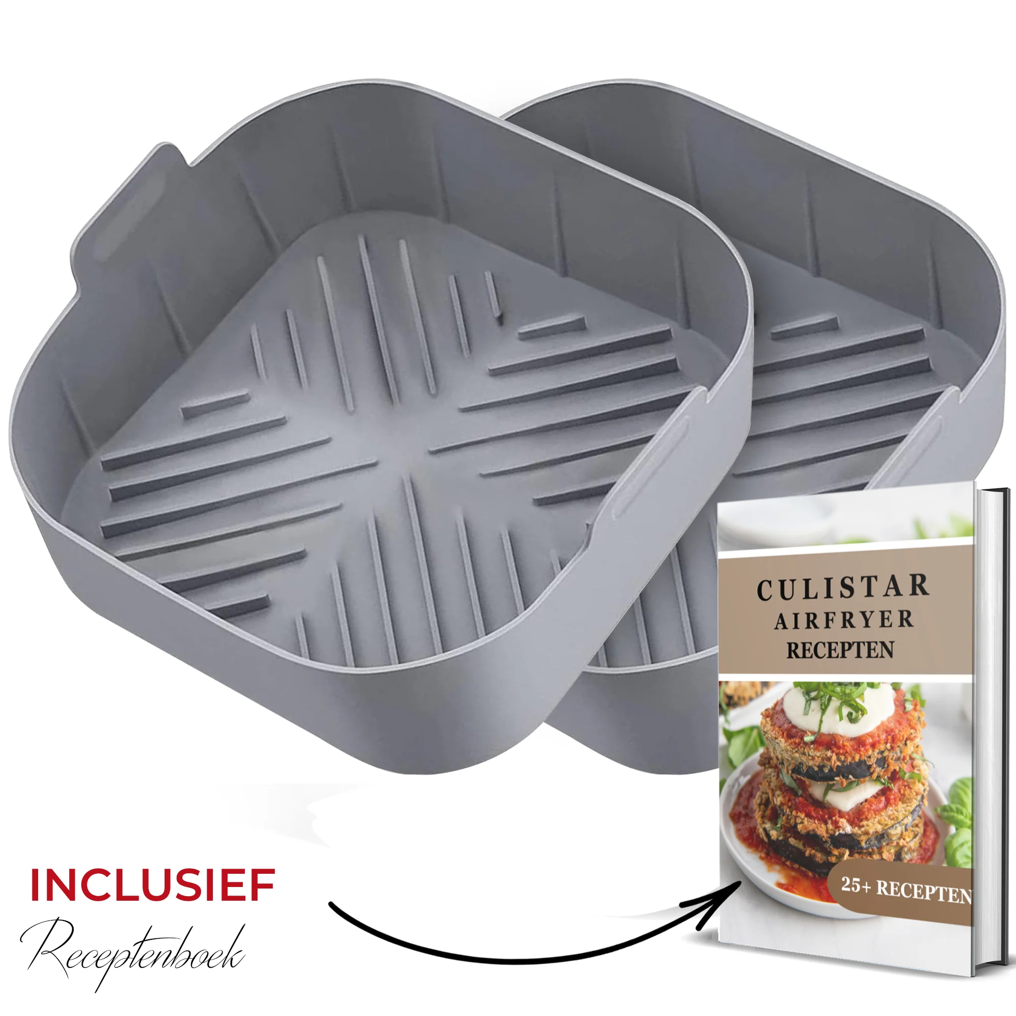 Zwei graue Silikon-Airfryer-Körbe und ein Rezeptbuch mit der Aufschrift CULISTAR AIRFRYER RECEPTEN auf weißem Hintergrund.